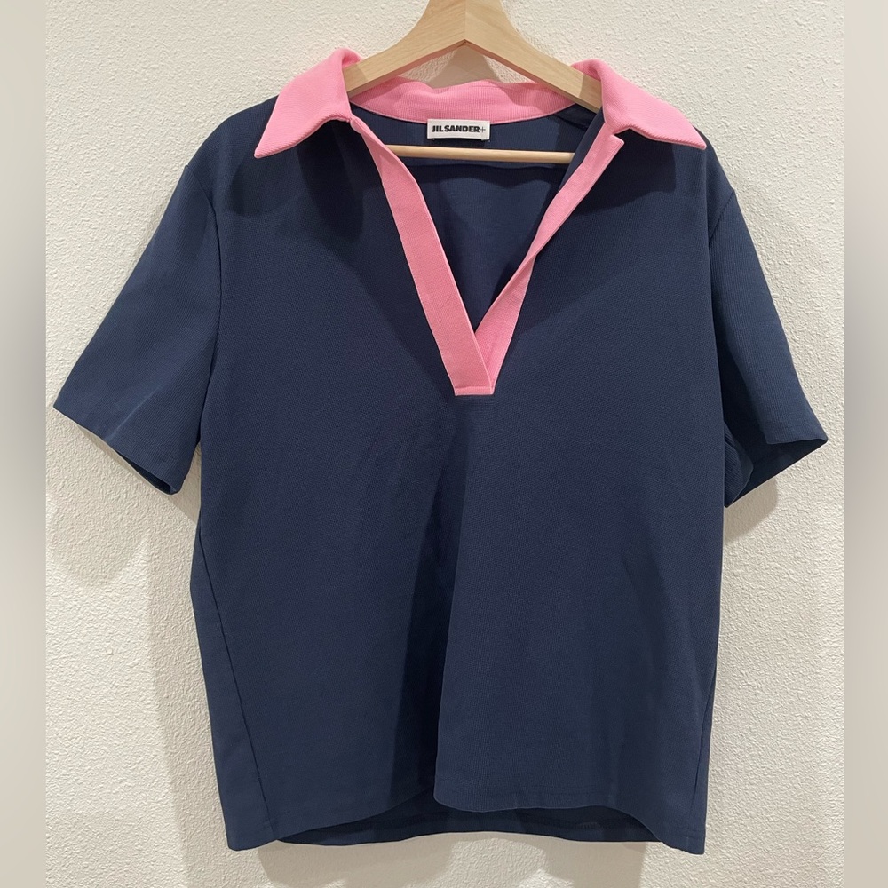 Jil Sander Navy and Pink V-Neck Polo Shirt Size‎ Large